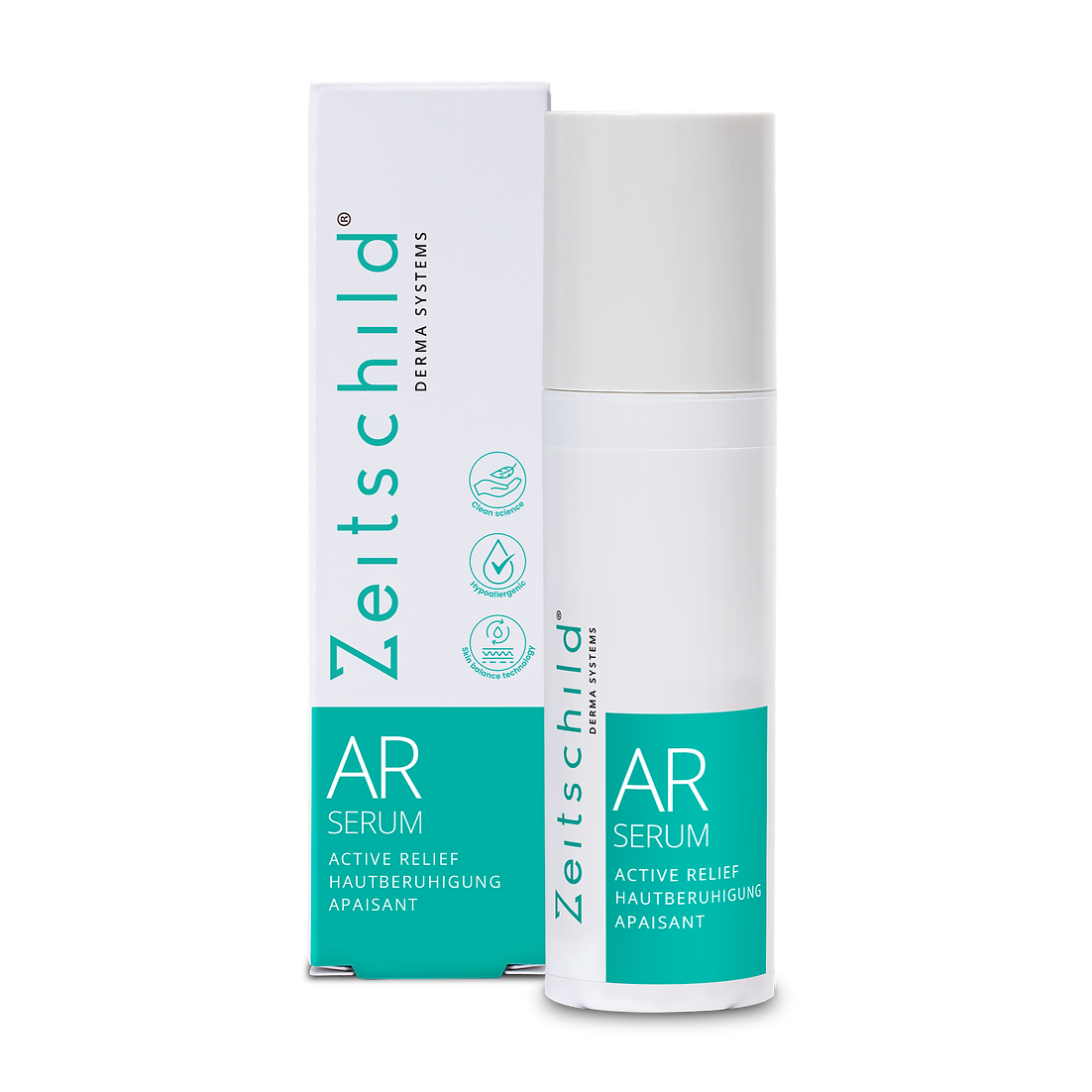 Product packaging and tube for ZEITSCHILD AR Active Relief serum, predominantly white with green accents and text.