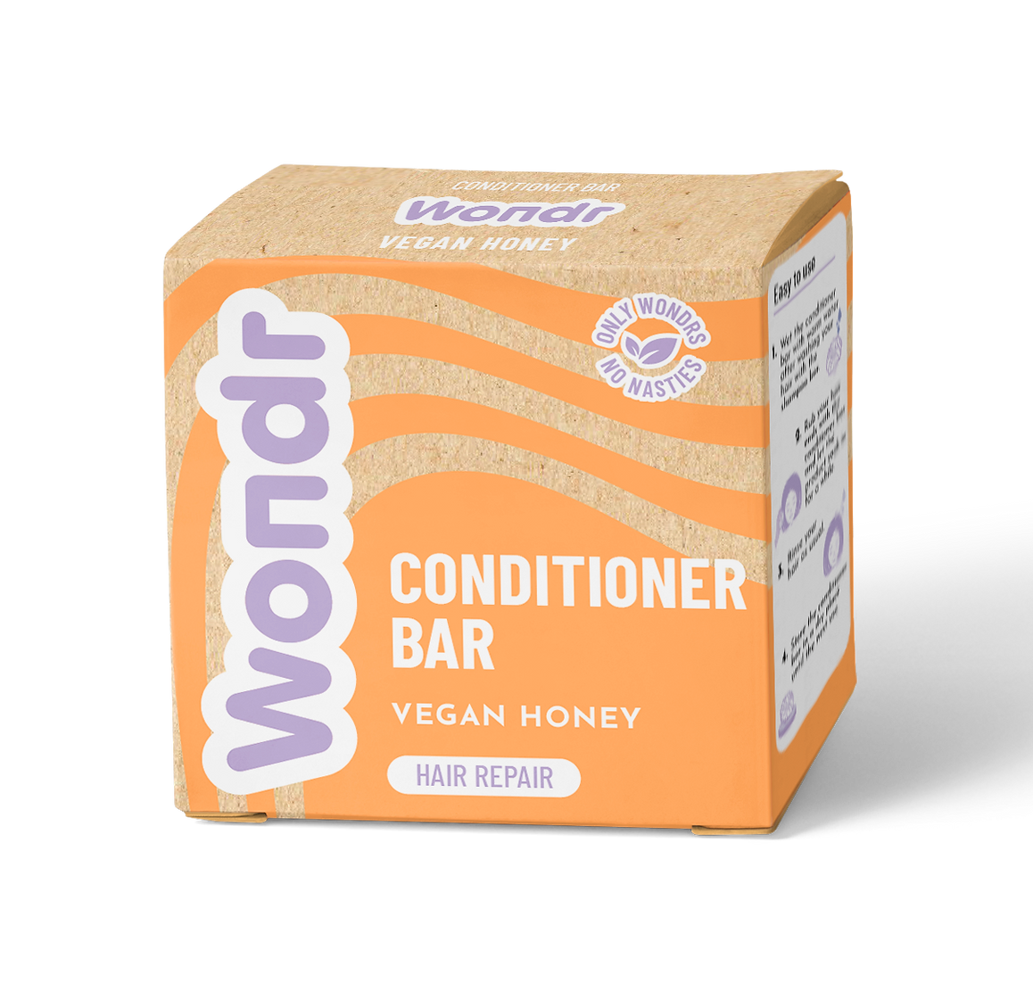 A packaged conditioner bar labeled 'WONDR CONDITIONER BAR VEGAN HONEY' in a cardboard outer box with transparent inner packaging.