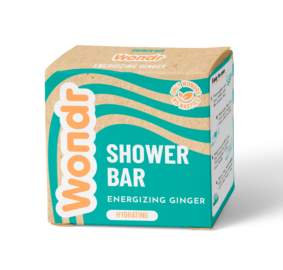A packaged shower bar soap labeled 'WONDR SHOWER BAR ENERGIZING GINGER' with a teal and orange color scheme.